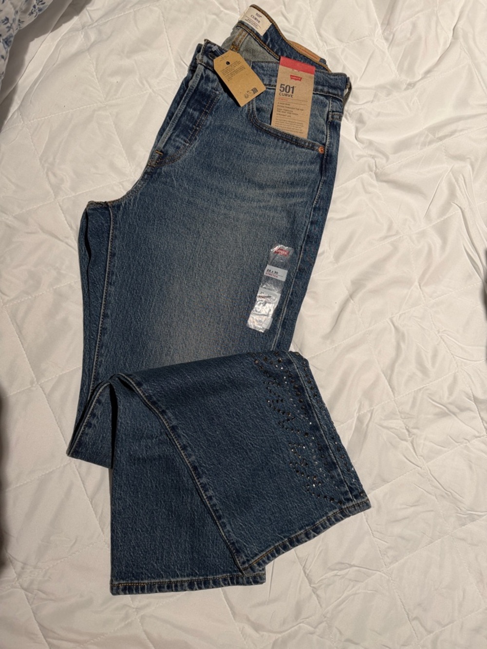 Levi's 501 Curve Dark Blue Embellished Hem Straight Jeans